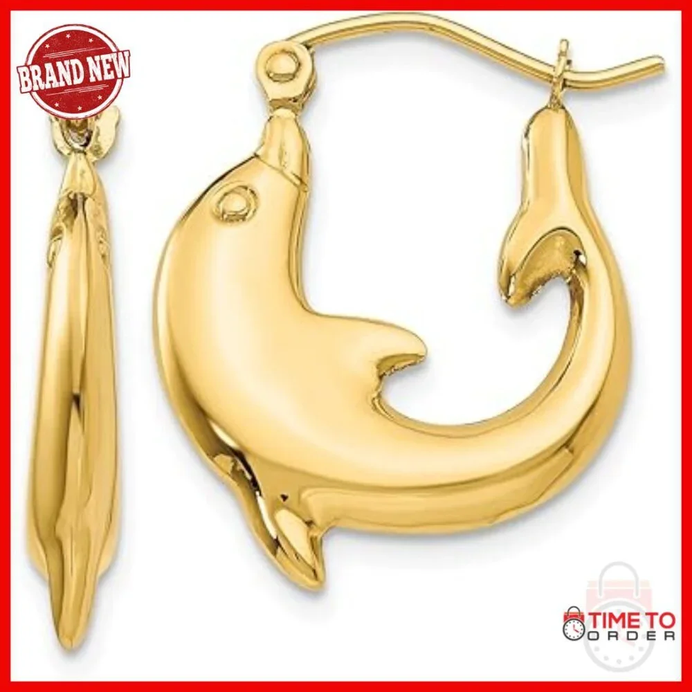 14K Yellow Gold Polished Dolphin Hoop Earrings for Women